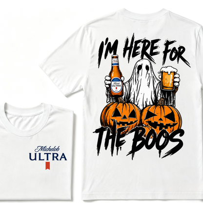 I'm Here For The Boos Ghost Pumpkin Michelob Ultra Halloween Double Sided T-Shirt