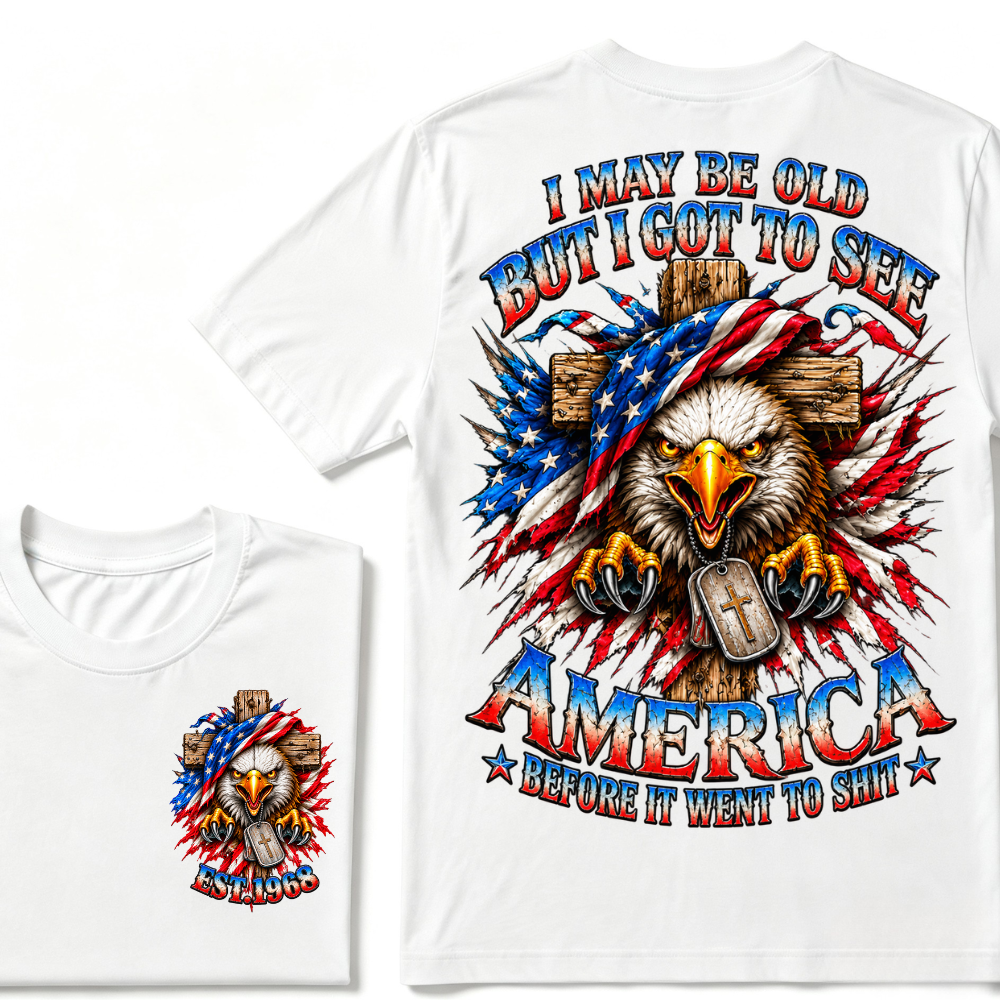 Custom Year American Eagle Patriotic Cross Tee | Double Sided Print USA Flag Mens Graphic T-Shirt