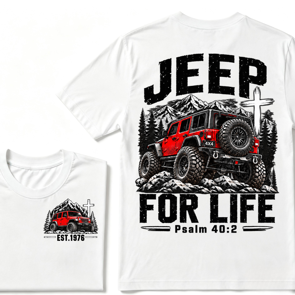 Custom EST Year Jeep For Life Psalm 40:2 Red 4X4 Offroad Mountain Cross Double Sided T-Shirt