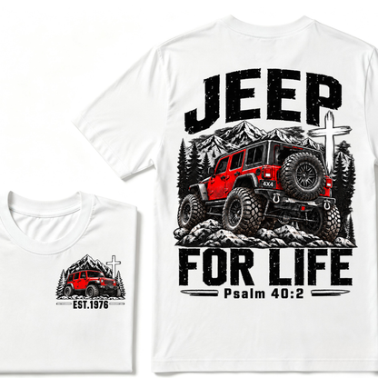 Custom EST Year Jeep For Life Psalm 40:2 Red 4X4 Offroad Mountain Cross Double Sided T-Shirt