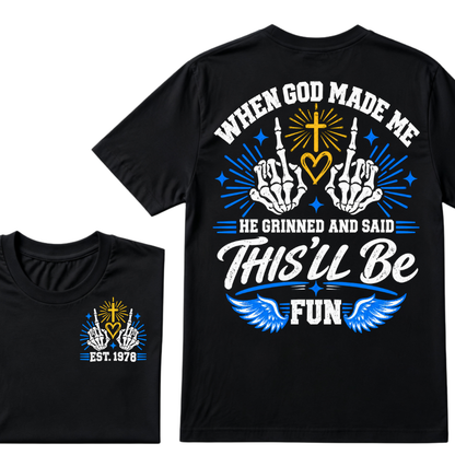 Custom Year Skeleton Hands Faith Tee | When God Made Me Cross Heart Wings Double Sided Print Mens Graphic T-Shirt