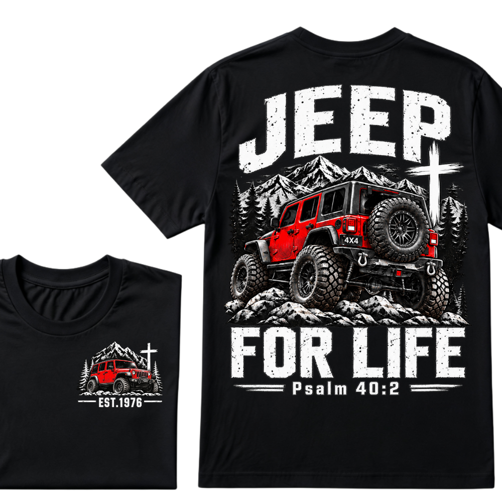 Custom EST Year Jeep For Life Psalm 40:2 Red 4X4 Offroad Mountain Cross Double Sided T-Shirt