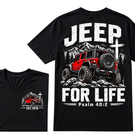 Custom EST Year Jeep For Life Psalm 40:2 Red 4X4 Offroad Mountain Cross Double Sided T-Shirt