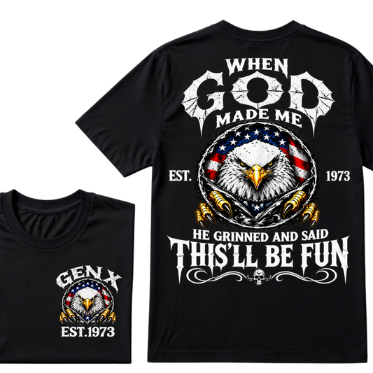Custom Year Gen X Patriotic Eagle Tee | When God Made Me USA Flag Double Sided Print Mens Graphic T-Shirt