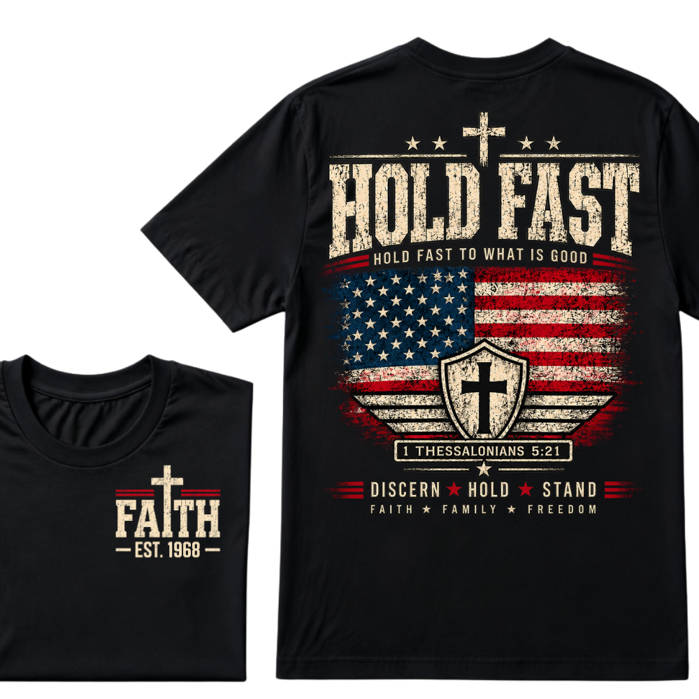 Custom EST Year Hold Fast Hold Fast To What Is Good Faith Family Freedom 1 Thessalonians 5:21 Christian Patriotic T-Shirt