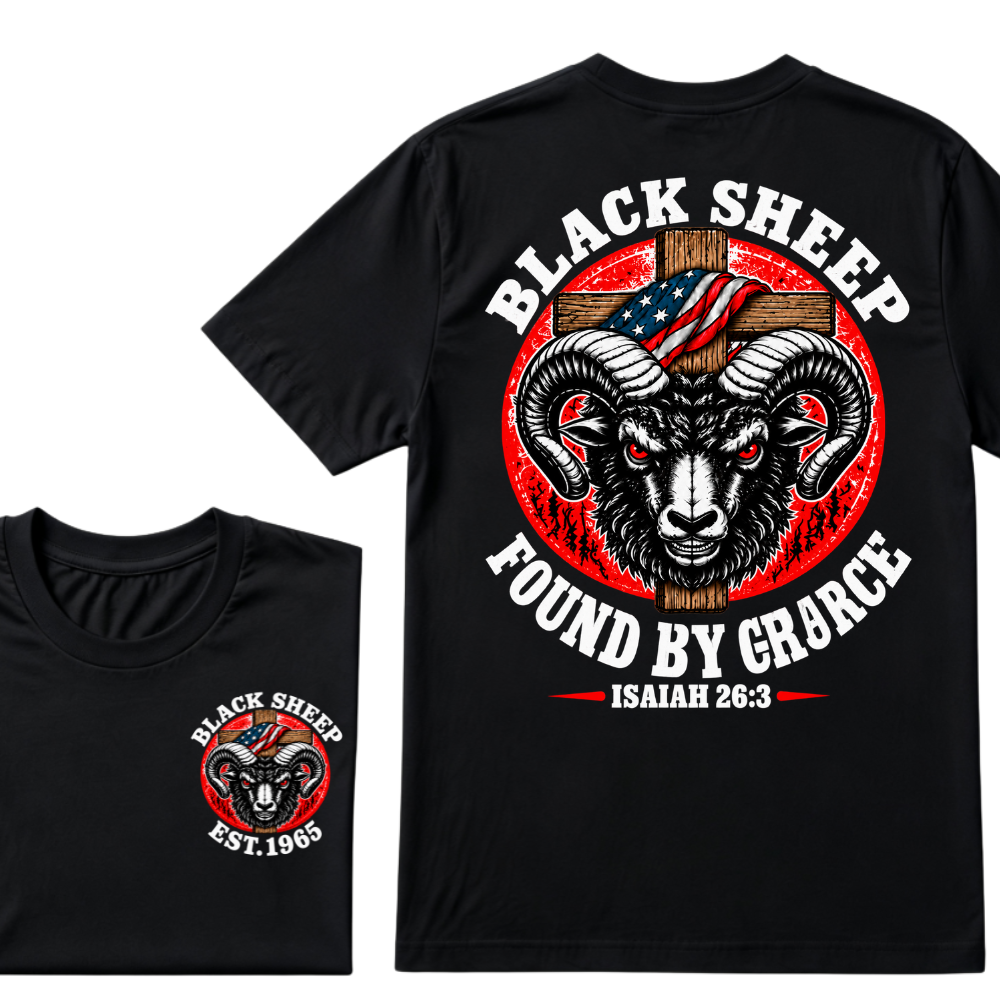 Custom Year Black Sheep Faith Tee | Found By Grace Cross USA Flag Isaiah 26:3 Double Sided Print Mens Graphic T-Shirt