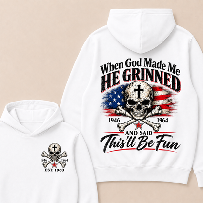 Custom EST Year When God Made Me He Grinned And Said This'll Be Fun American Flag Cross Skull Double Sided Hoodie