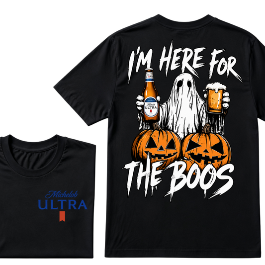 I'm Here For The Boos Ghost Pumpkin Michelob Ultra Halloween Double Sided T-Shirt