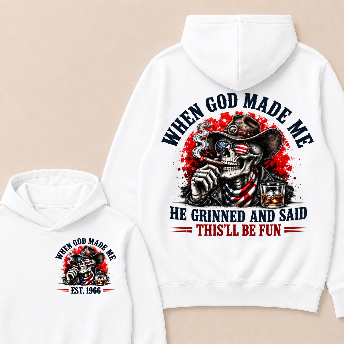 Custom EST Year When God Made Me He Grinned And Said This'll Be Fun American Cowboy Skull Double Sided Hoodie