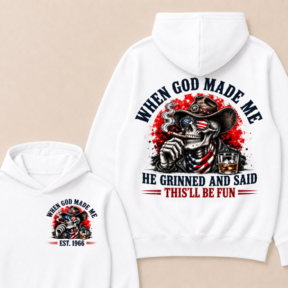 Custom EST Year When God Made Me He Grinned And Said This'll Be Fun American Cowboy Skull Double Sided Hoodie