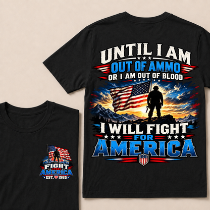 Custom EST Year Patriotic Warrior Tee | Mountain Sunset USA Flag Soldier Double Sided Print Fight For America Mens T-Shirt