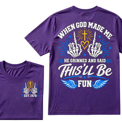 Custom Year Skeleton Hands Faith Tee | When God Made Me Cross Heart Wings Double Sided Print Mens Graphic T-Shirt