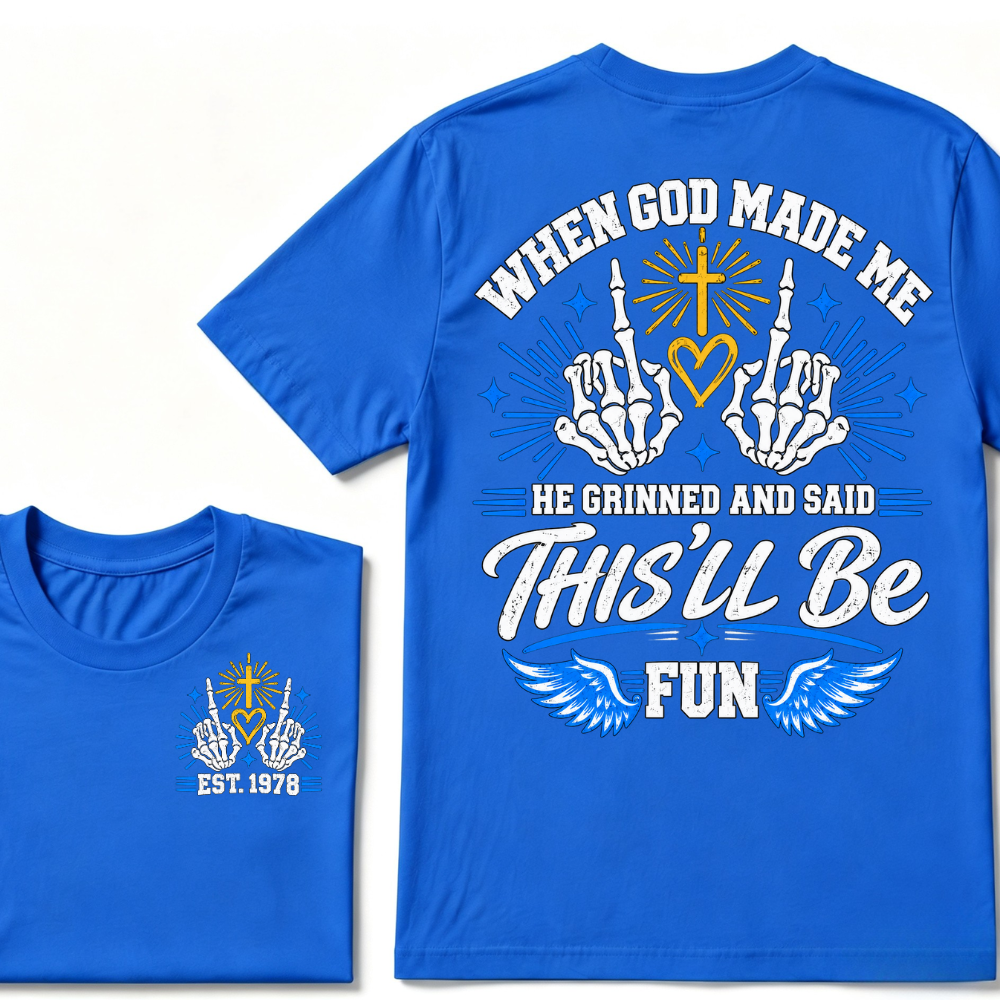 Custom Year Skeleton Hands Faith Tee | When God Made Me Cross Heart Wings Double Sided Print Mens Graphic T-Shirt