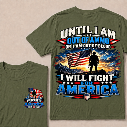 Custom EST Year Patriotic Warrior Tee | Mountain Sunset USA Flag Soldier Double Sided Print Fight For America Mens T-Shirt