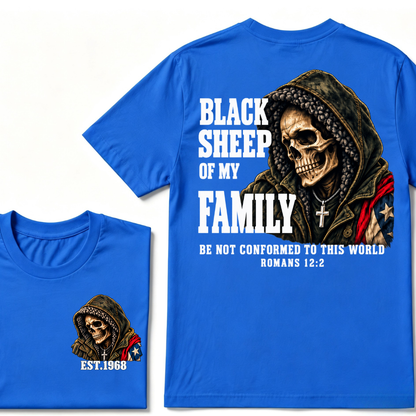 lack Sheep Of My Family Romans 12:2 Bible Verse Skull Hooded EAT.Year T-Shirt, Christian Patriotic Tee