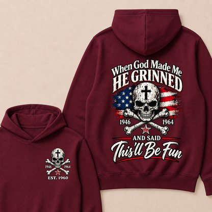 Custom EST Year When God Made Me He Grinned And Said This'll Be Fun American Flag Cross Skull Double Sided Hoodie