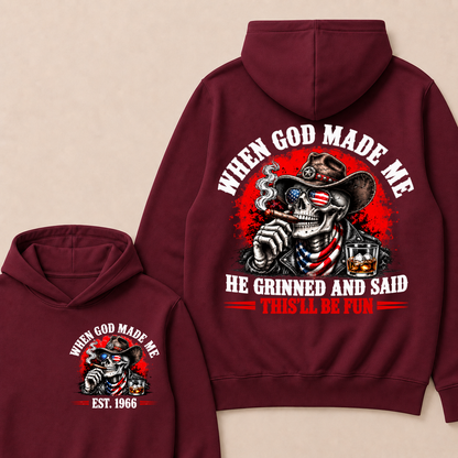Custom EST Year When God Made Me He Grinned And Said This'll Be Fun American Cowboy Skull Double Sided Hoodie
