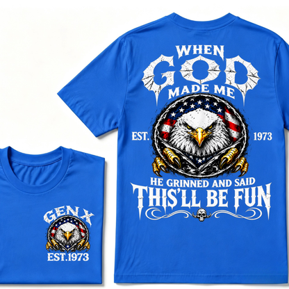 Custom Year Gen X Patriotic Eagle Tee | When God Made Me USA Flag Double Sided Print Mens Graphic T-Shirt
