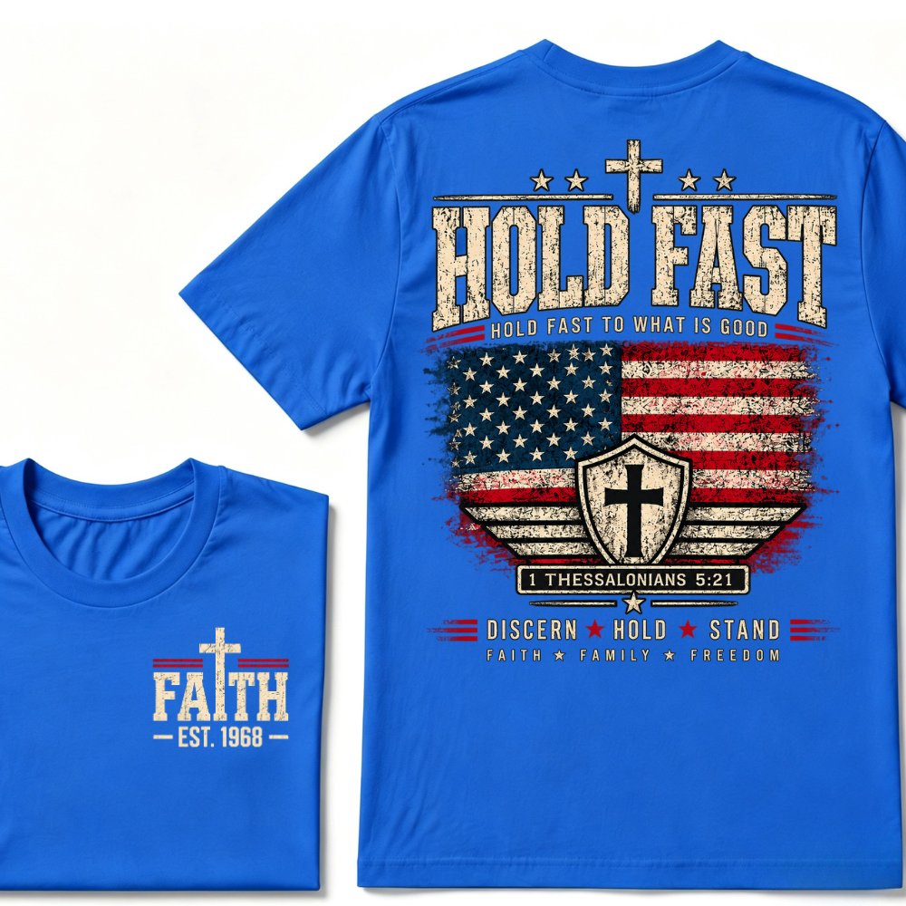 Custom EST Year Hold Fast Hold Fast To What Is Good Faith Family Freedom 1 Thessalonians 5:21 Christian Patriotic T-Shirt