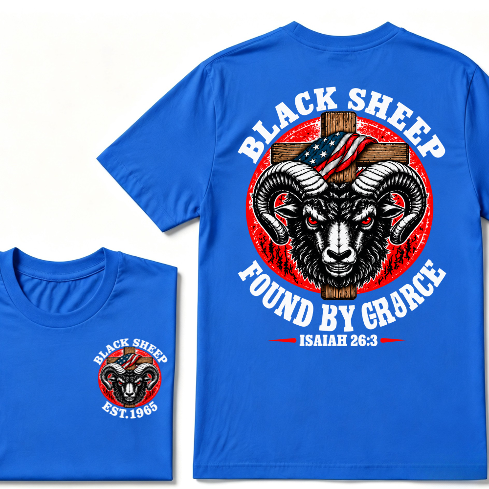 Custom Year Black Sheep Faith Tee | Found By Grace Cross USA Flag Isaiah 26:3 Double Sided Print Mens Graphic T-Shirt