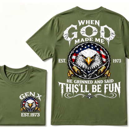Custom Year Gen X Patriotic Eagle Tee | When God Made Me USA Flag Double Sided Print Mens Graphic T-Shirt