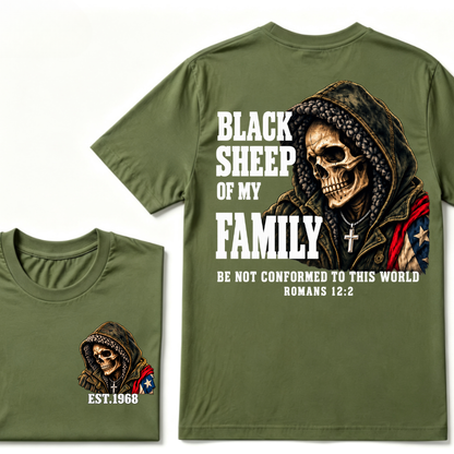 lack Sheep Of My Family Romans 12:2 Bible Verse Skull Hooded EAT.Year T-Shirt, Christian Patriotic Tee