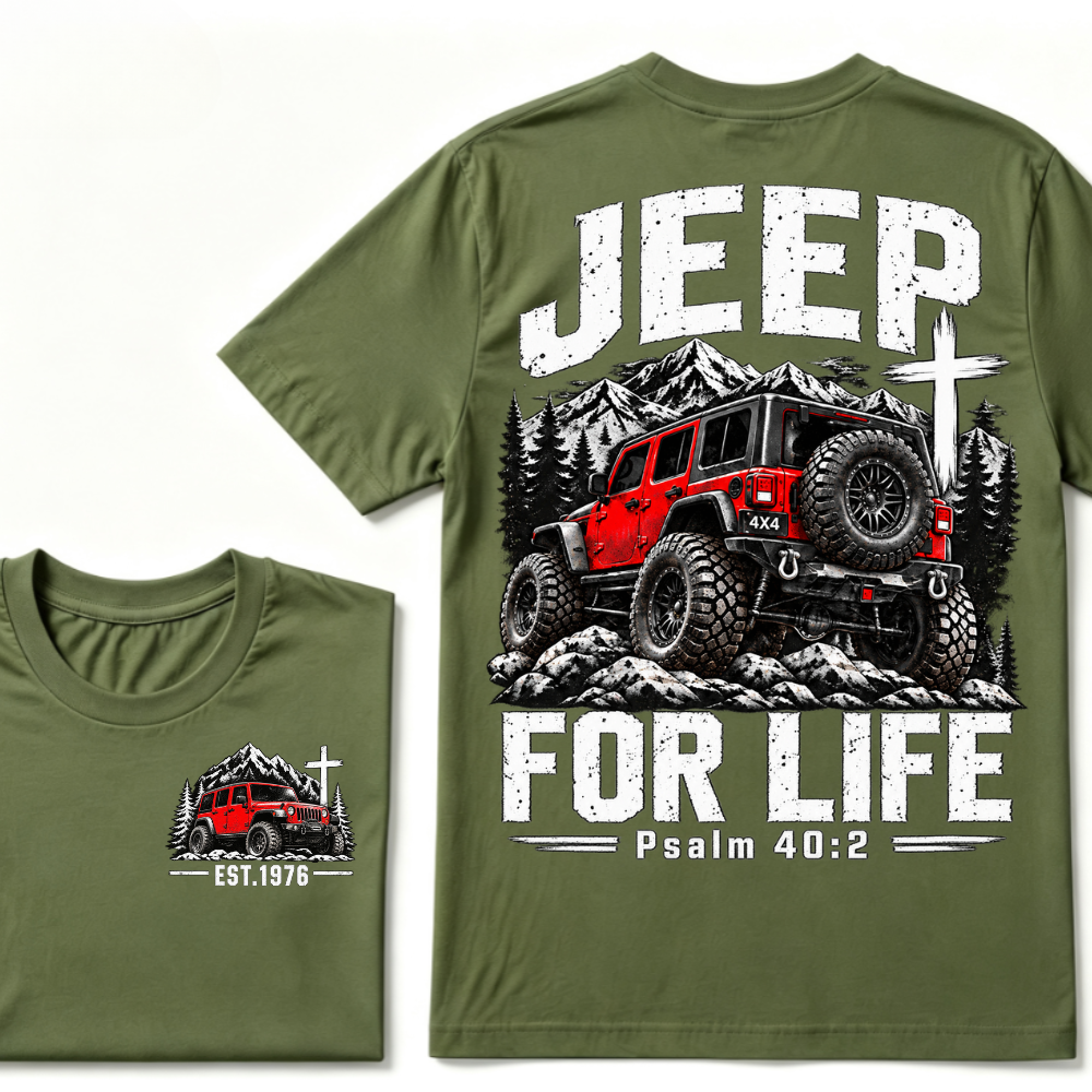 Custom EST Year Jeep For Life Psalm 40:2 Red 4X4 Offroad Mountain Cross Double Sided T-Shirt