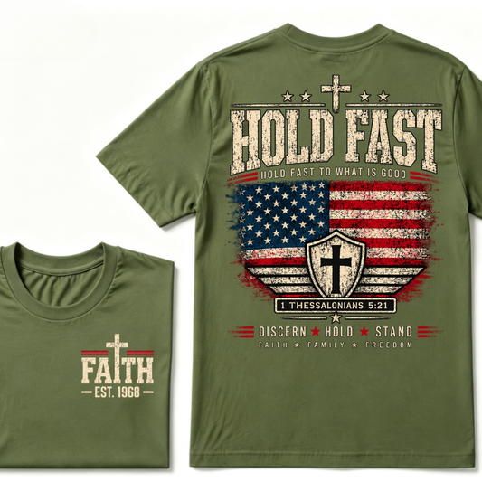 Custom EST Year Hold Fast Hold Fast To What Is Good Faith Family Freedom 1 Thessalonians 5:21 Christian Patriotic T-Shirt
