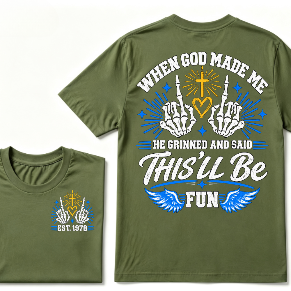 Custom Year Skeleton Hands Faith Tee | When God Made Me Cross Heart Wings Double Sided Print Mens Graphic T-Shirt
