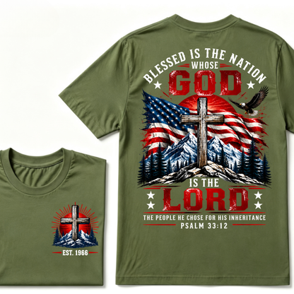 Custom EST Year Blessed Is The Nation Whose God Is The Lord Psalm 33:12 Christian Patriotic T-Shirt