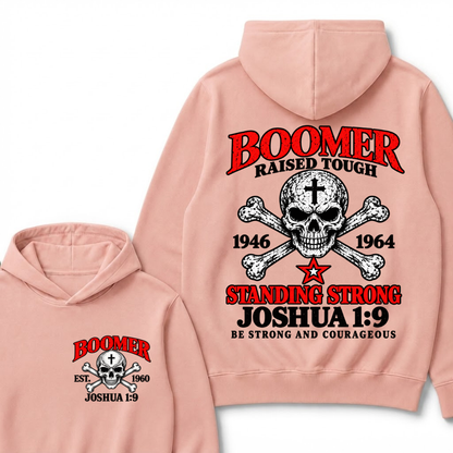 Custom Year Boomer Christian Hoodie | Raised Tough Skull Crossbones Joshua 1:9 Double Sided Print Hooded Sweatshirt Gift