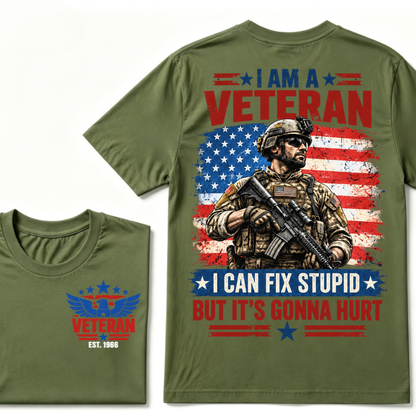 Custom EST Year I Am A Veteran I Can Fix Stupid But It's Gonna Hurt American Flag Soldier Double Sided T-Shirt