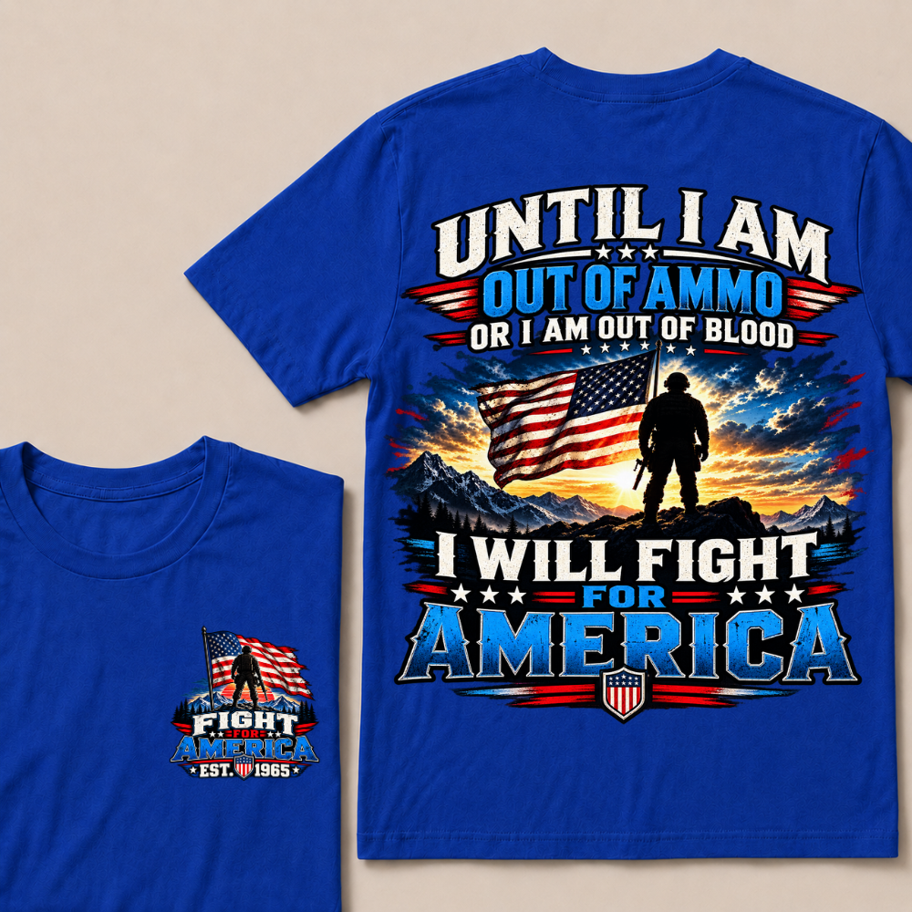 Custom EST Year Patriotic Warrior Tee | Mountain Sunset USA Flag Soldier Double Sided Print Fight For America Mens T-Shirt