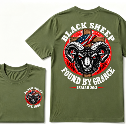 Custom Year Black Sheep Faith Tee | Found By Grace Cross USA Flag Isaiah 26:3 Double Sided Print Mens Graphic T-Shirt