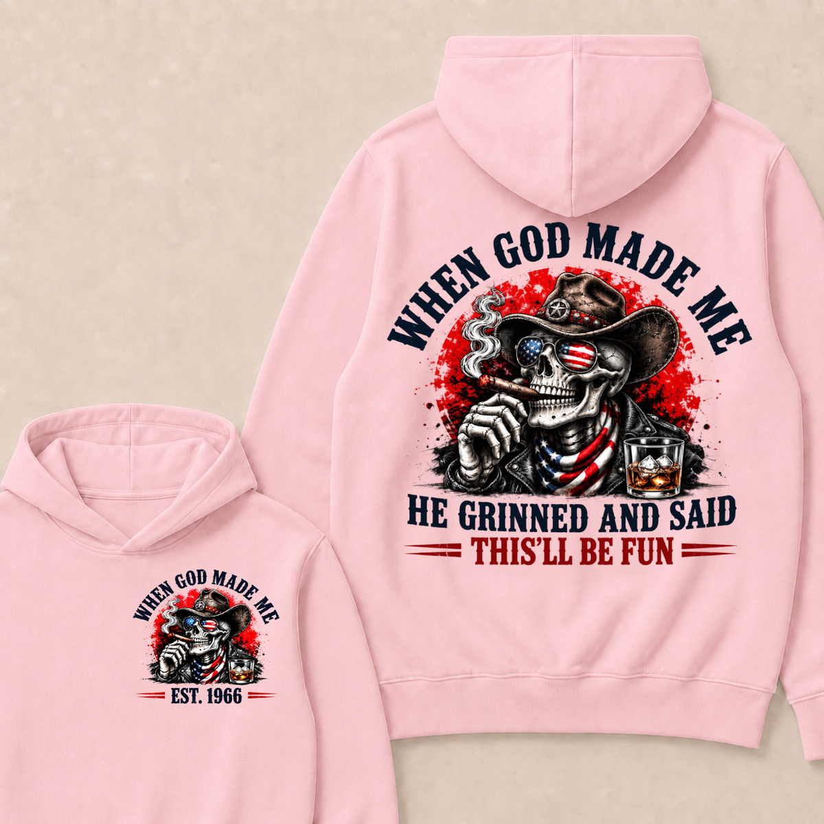 Custom EST Year When God Made Me He Grinned And Said This'll Be Fun American Cowboy Skull Double Sided Hoodie
