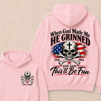 Custom EST Year When God Made Me He Grinned And Said This'll Be Fun American Flag Cross Skull Double Sided Hoodie