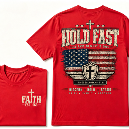 Custom EST Year Hold Fast Hold Fast To What Is Good Faith Family Freedom 1 Thessalonians 5:21 Christian Patriotic T-Shirt