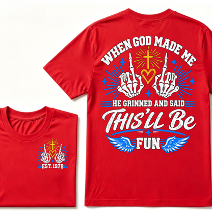 Custom Year Skeleton Hands Faith Tee | When God Made Me Cross Heart Wings Double Sided Print Mens Graphic T-Shirt