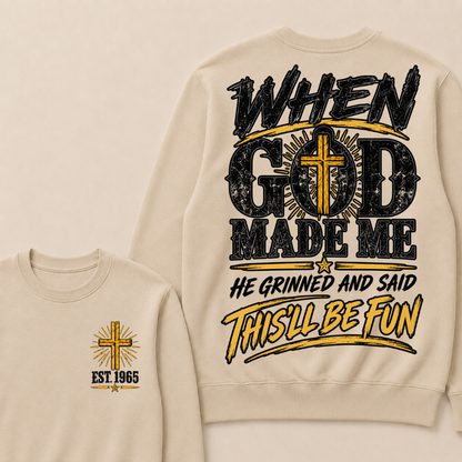 Custom Year Faith Cross Crewneck | When God Made Me Double Sided Graphic Sweatshirt