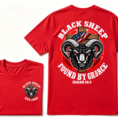 Custom Year Black Sheep Faith Tee | Found By Grace Cross USA Flag Isaiah 26:3 Double Sided Print Mens Graphic T-Shirt