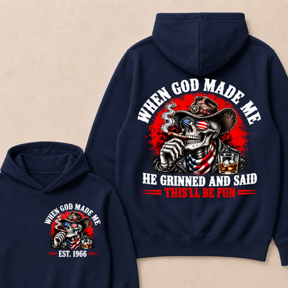 Custom EST Year When God Made Me He Grinned And Said This'll Be Fun American Cowboy Skull Double Sided Hoodie
