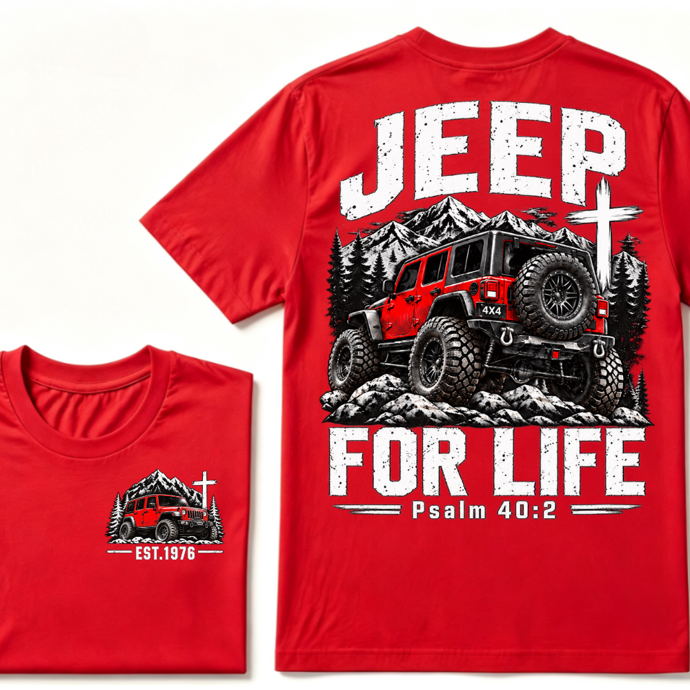 Custom EST Year Jeep For Life Psalm 40:2 Red 4X4 Offroad Mountain Cross Double Sided T-Shirt
