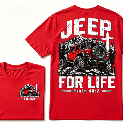 Custom EST Year Jeep For Life Psalm 40:2 Red 4X4 Offroad Mountain Cross Double Sided T-Shirt