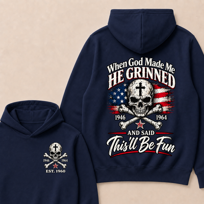 Custom EST Year When God Made Me He Grinned And Said This'll Be Fun American Flag Cross Skull Double Sided Hoodie