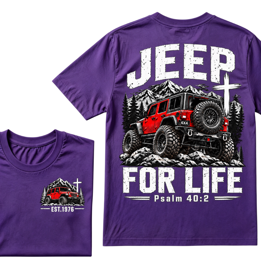 Custom EST Year Jeep For Life Psalm 40:2 Red 4X4 Offroad Mountain Cross Double Sided T-Shirt
