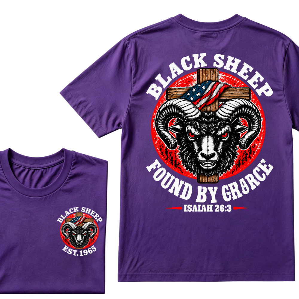 Custom Year Black Sheep Faith Tee | Found By Grace Cross USA Flag Isaiah 26:3 Double Sided Print Mens Graphic T-Shirt