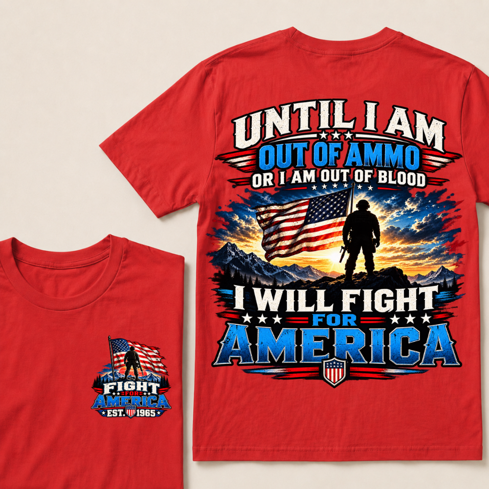 Custom EST Year Patriotic Warrior Tee | Mountain Sunset USA Flag Soldier Double Sided Print Fight For America Mens T-Shirt