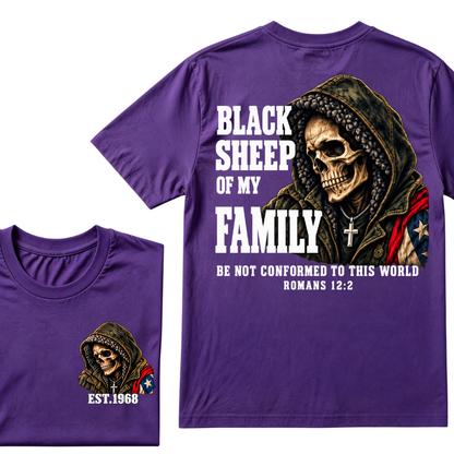 lack Sheep Of My Family Romans 12:2 Bible Verse Skull Hooded EAT.Year T-Shirt, Christian Patriotic Tee