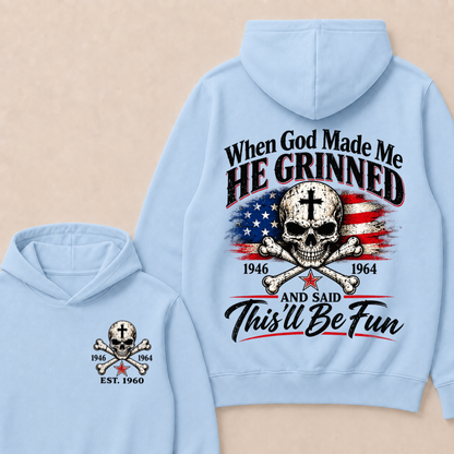 Custom EST Year When God Made Me He Grinned And Said This'll Be Fun American Flag Cross Skull Double Sided Hoodie