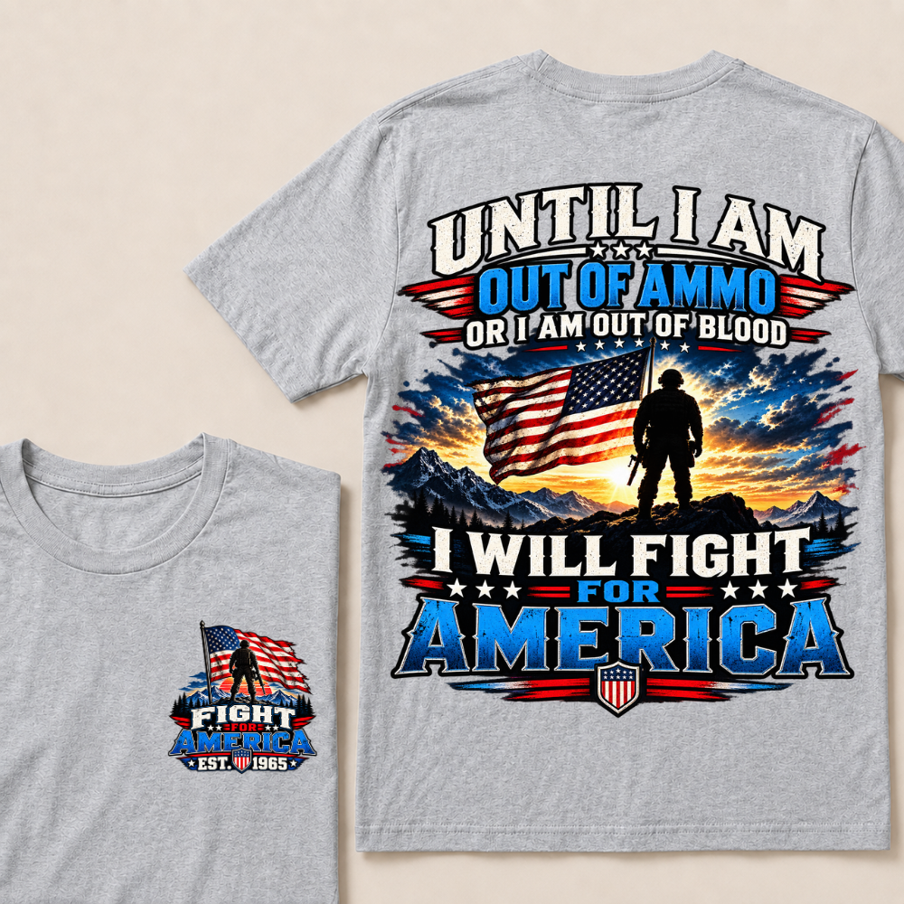 Custom EST Year Patriotic Warrior Tee | Mountain Sunset USA Flag Soldier Double Sided Print Fight For America Mens T-Shirt